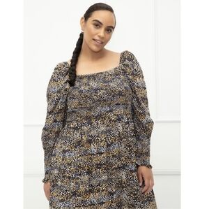 Eloquii Mixed Dot Print Smocked Bodice Sleeve Midi Dress Size 18/20